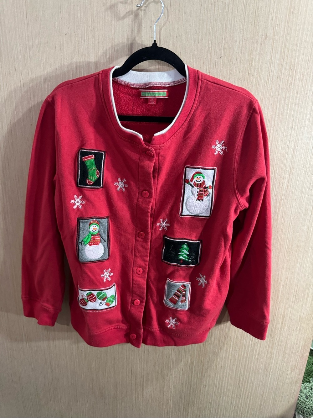 Holiday Traditions Red Holiday Embroidered Snowman Cotton Blend Cardigan Medium